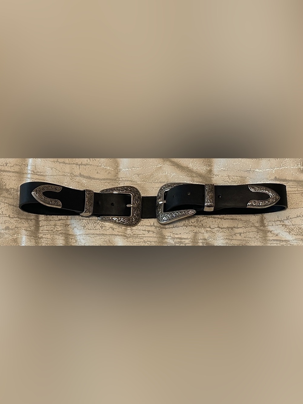 Women’s Black Belt with Decorative Silver Buckles 28”at the smallest